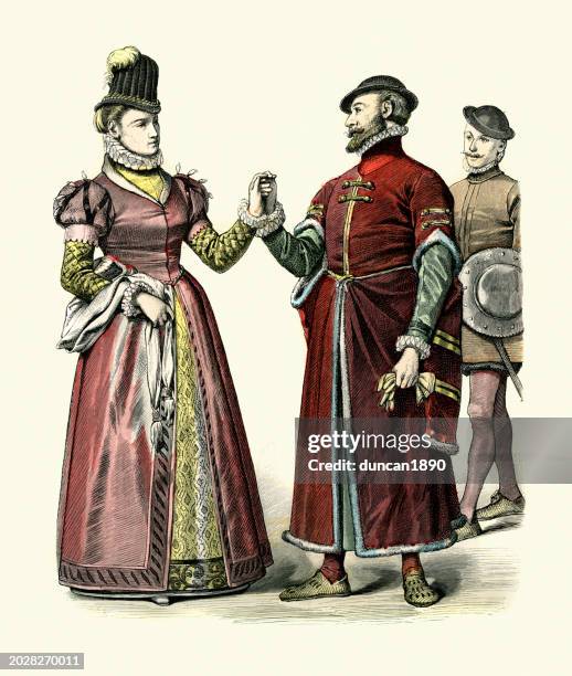 london merchant and wife, officer, 1590, history of fashion, costumes of england, 16th century - elizabethan ruff stock illustrations
