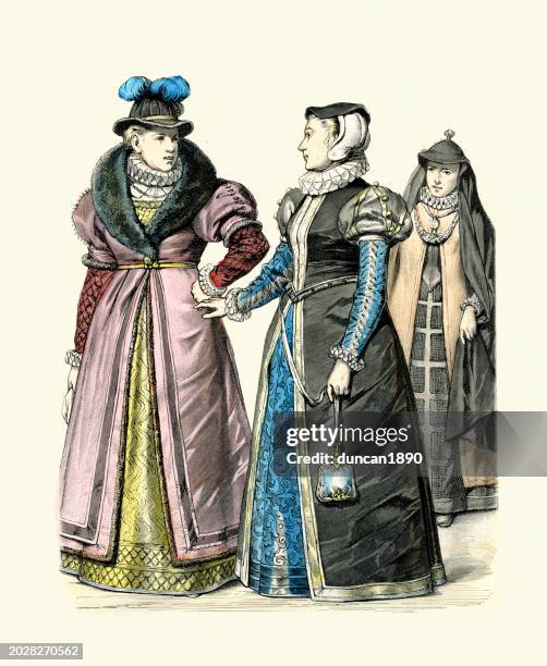 bildbanksillustrationer, clip art samt tecknat material och ikoner med noble women of london, 1590, history of fashion, costumes of england, 16th century - elisabetansk stil