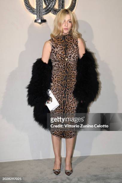 Eleonora Carisi attends the Roberto Cavalli fashion show during the Milan Fashion Week Womenswear Fall/Winter 2024-2025 on February 21, 2024 in...