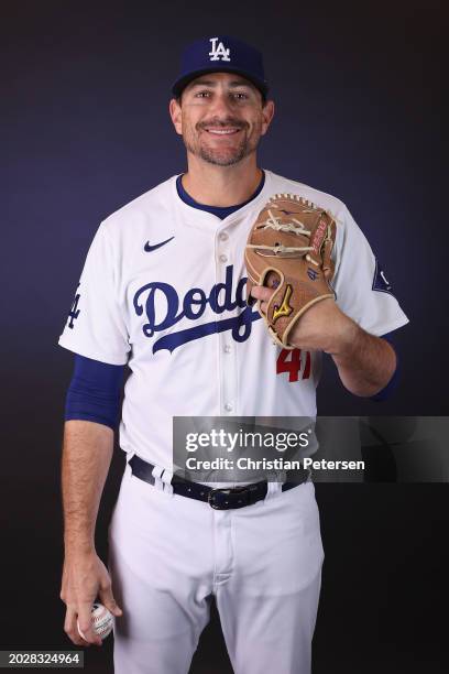 Daniel Hudson of the Los Angeles Dodgers poses for a portrait during photo day at Camelback Ranch on February 21, 2024 in Glendale, Arizona.