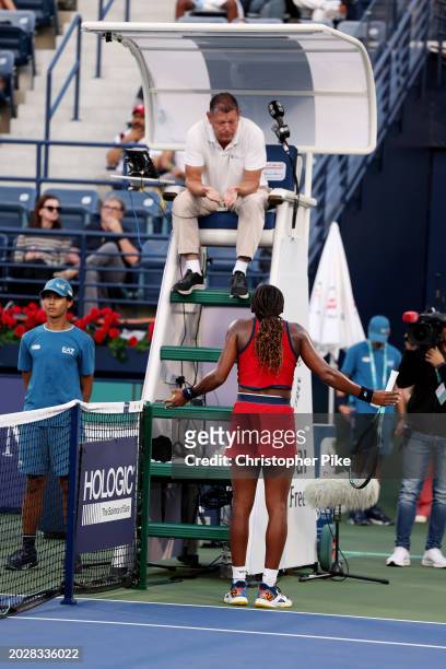 Coco Gauff of the United States challenges the umpire while playing Karolina Pliskova of Czech Republic in their third-round women's singles match...
