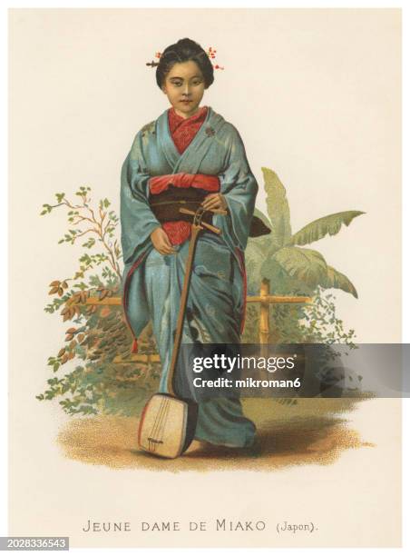 old engraved illustration of young lady from japan - traditional clothing stock pictures, royalty-free photos & images