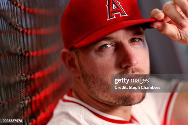 Mike Trout of the Los Angeles Angels poses for a portrait during photo day at Tempe Diablo Stadium on February 21, 2024 in Tempe, Arizona.