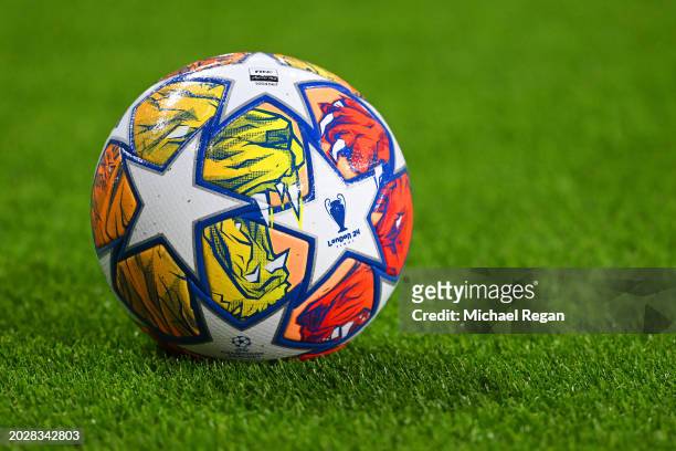 Detailed view of a Adidas Finale London match ball prior to the UEFA Champions League 2023/24 round of 16 first leg match between FC Porto and...