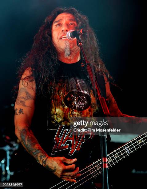 Tom Araya of Slayer performs during Rockstar Energy Mayhem Festival at Sleep Train Amphitheatre on July 10, 2009 in Wheatland, California.