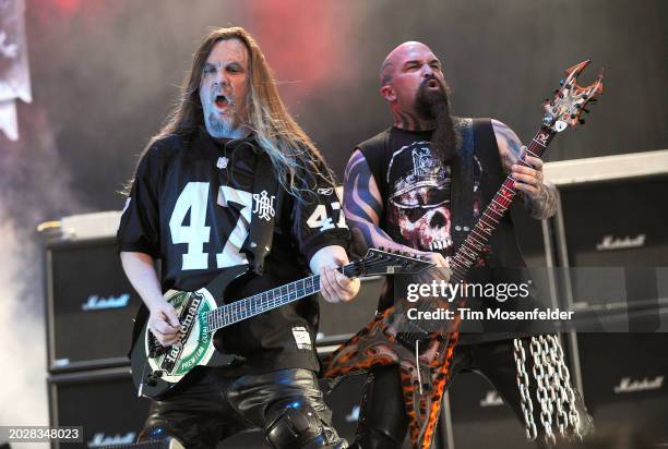 Jeff Hanneman and Kerry King of Slayer perform during Rockstar Energy Mayhem Festival at Sleep Train Amphitheatre on July 10, 2009 in Wheatland,...