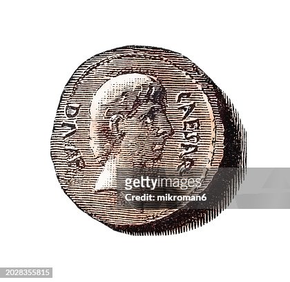 Old engraved illustration of coins of the Roman Republic and the Empire - Augustus