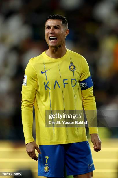 Cristiano Ronaldo of Al Nassr reacts during the second leg of the AFC Champions Leauge Round of 16 match between Al Nassr and Al Fayha at Al Awwal...