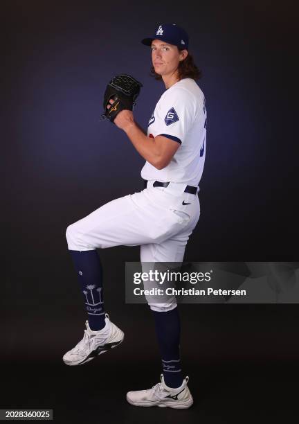 Tyler Glasnow of the Los Angeles Dodgers poses for a portrait during photo day at Camelback Ranch on February 21, 2024 in Glendale, Arizona.