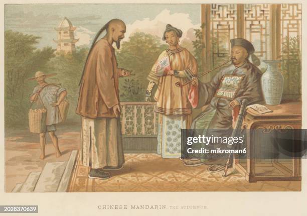 old chromolithograph illustration of  chinese culture, portrait of the chinese mandarin - small group of people white background stock pictures, royalty-free photos & images