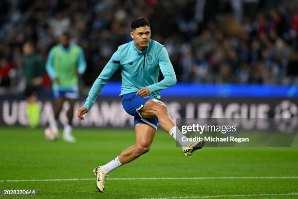 Evanilson of FC Porto warms up prior to the UEFA Champions League 2023/24 round of 16 first leg match between FC Porto and Arsenal FC at Estadio do...