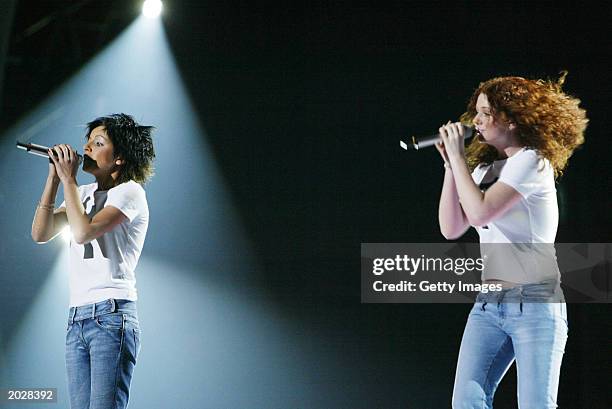 Singers Julia Volkova and Lena Katina of t.A.T.u perform the song, "Don't Believe, Don't Be Scared, Don't Ask" during the 48th Eurovision Song...