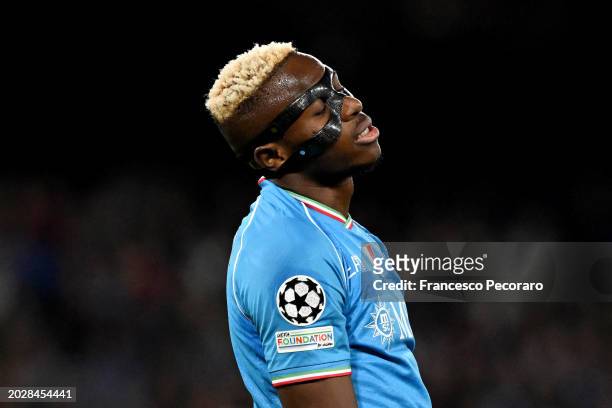 Victor Osimhen of SSC Napoli reacts during the UEFA Champions League 2023/24 round of 16 first leg match between SSC Napoli and FC Barcelona at...