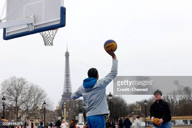 Kid plays Basket ball at Concorde Park as Place de la Concorde is scheduled to be a venue of the urban sports BMX freestyle, Skateboarding, Breaking...