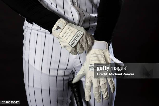 Detail of Lenyn Sosa of the Chicago White Sox Franklin batting gloves as he poses for a portrait during Photo Day at Camelback Ranch on February 21,...