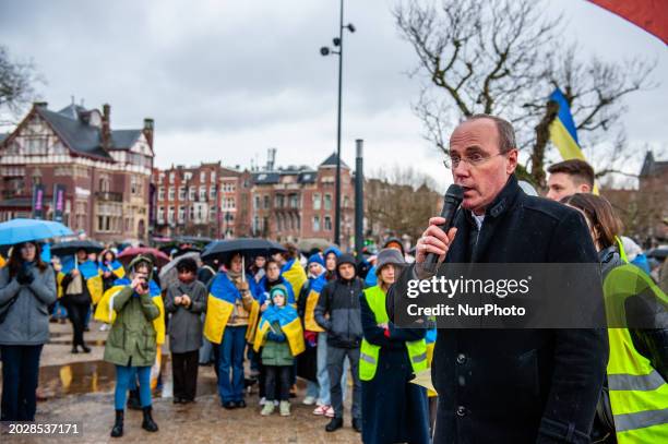 Anatolii Solovei, Minister Counselor of the Embassy of Ukraine in the Netherlands, is giving a speech during a demonstration in support of Ukraine...