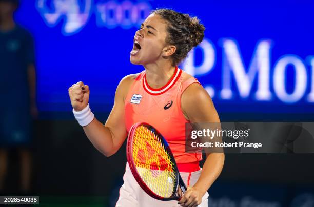 Jasmine Paolini of Italy in action against Anna Kalinskaya in the singles final on Day 7 of the Dubai Duty Free Tennis Championships, part of the...