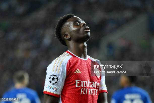 Bukayo Saka of Arsenal reacts during the UEFA Champions League 2023/24 round of 16 first leg match between FC Porto and Arsenal FC at Estadio do...