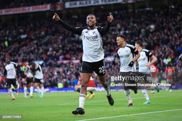 Alex Iwobi of Fulham celebrates after scoring their 2nd goal during the Premier League match between Manchester United and Fulham FC at Old Trafford...