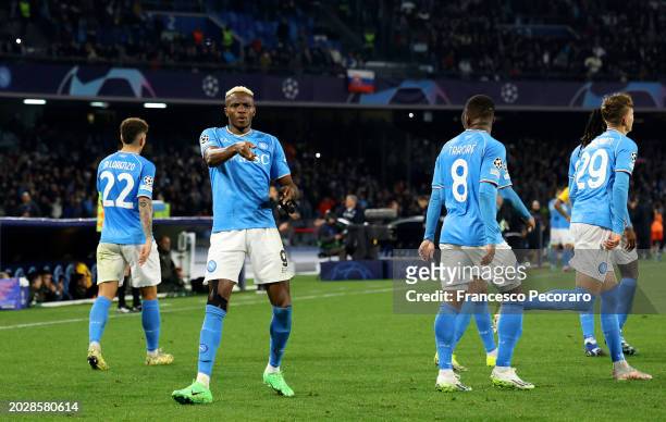 Victor Osimhen of SSC Napoli celebrates scoring his team's first goal during the UEFA Champions League 2023/24 round of 16 first leg match between...