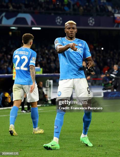 Victor Osimhen of SSC Napoli celebrates scoring his team's first goal during the UEFA Champions League 2023/24 round of 16 first leg match between...