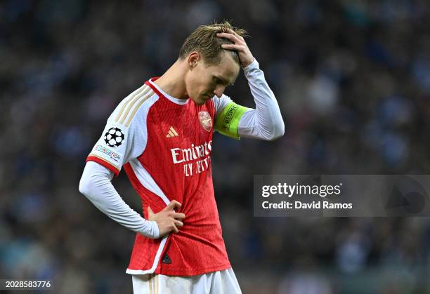 Martin Odegaard of Arsenal reacts during the UEFA Champions League 2023/24 round of 16 first leg match between FC Porto and Arsenal FC at Estadio do...