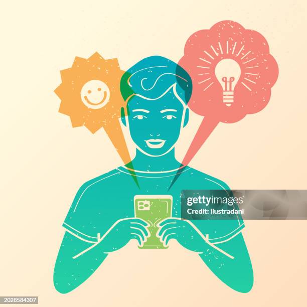 young boy texting on his smartphone in risograph style - double exposure tech stock illustrations