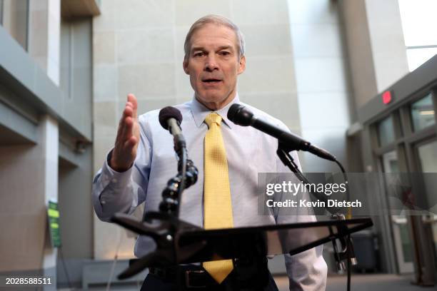 Rep. Jim Jordan , Chairman of the House Judicary Committee, speaks to members of the media as he arrives for closed door deposition with James Biden,...