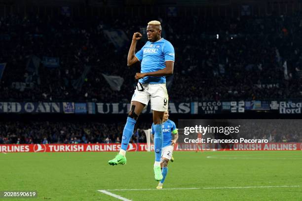 Victor Osimhen of SSC Napoli celebrates scoring his team's first goal during the UEFA Champions League 2023/24 round of 16 first leg match between...