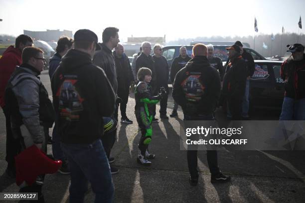 Competitors, including 8 year old Toby Jackson , listen to a marshal's briefing before taking part in a timed 100m drag race at 'The Speed Show' at...