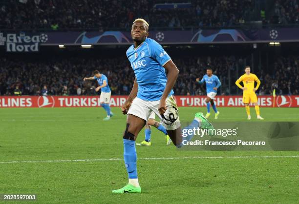 Victor Osimhen of SSC Napoli celebrates scoring his team's first goal during the UEFA Champions League 2023/24 round of 16 first leg match between...