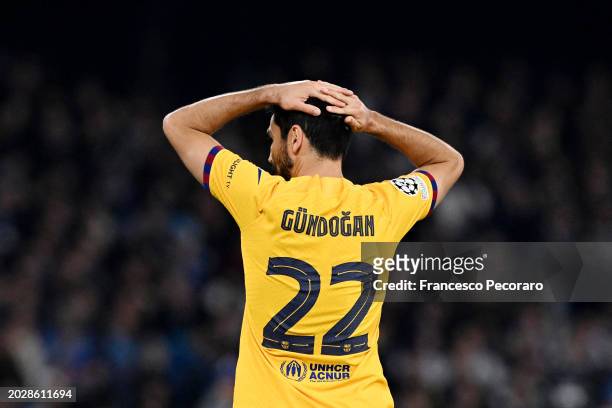 Ilkay Guendogan of FC Barcelona reacts during the UEFA Champions League 2023/24 round of 16 first leg match between SSC Napoli and FC Barcelona at...