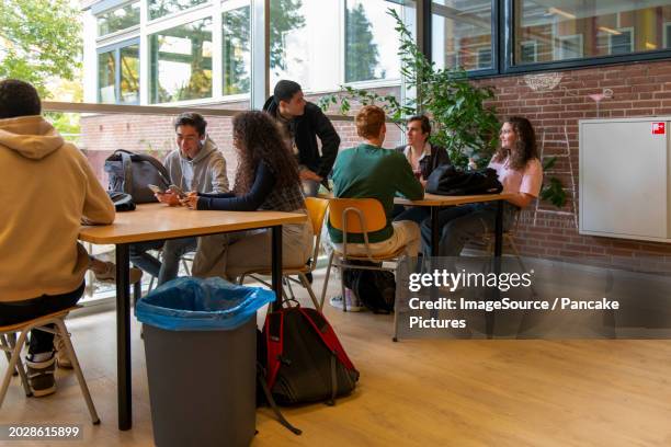 nederland - illustratief beeld  een groepje leerlingen heeft pauze in de kantine op een middelbare school  foto: anp / hollandse hoogte / patricia rehe - middelbare school stock-fotos und bilder