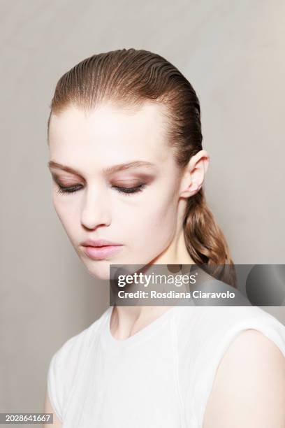 Ella Mccutcheon poses backstage ahead of the Roberto Cavalli fashion show during the Milan Fashion Week Womenswear Fall/Winter 2024-2025 on February...