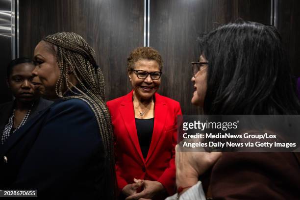Los Angeles, CA Los Angeles Mayor Karen Bass rides the elevator in a supportive housing Homekey site on her way to a press conference where U.S. Sen....