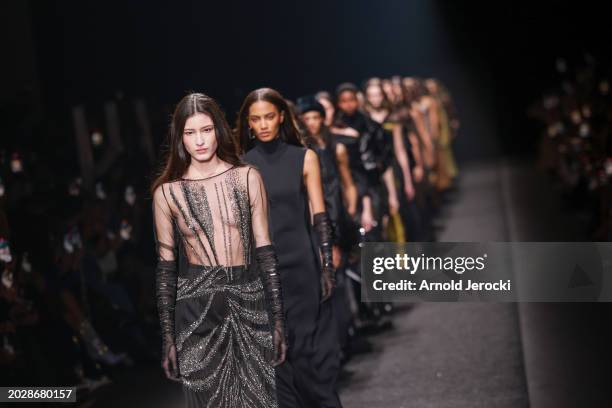 Model walks the runway at the Alberta Ferretti fashion show during the Milan Fashion Week Womenswear Fall/Winter 2024-2025 on February 21, 2024 in...