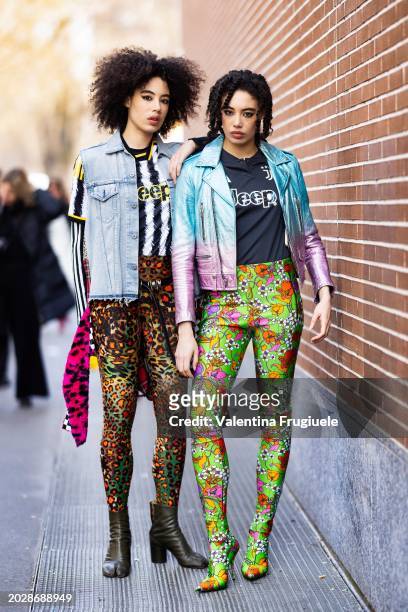 Guests are seen wearing, on the left, a denim gilet, brown Maison Margiela leather ankle boots, a fuchsia printed scarf a black and white long sleeve...