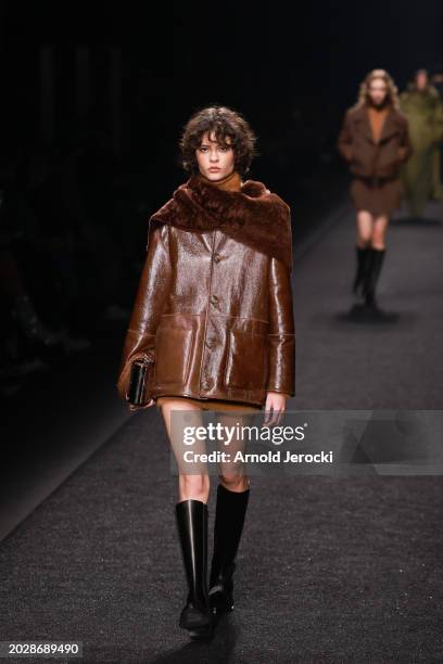 Model walks the runway at the Alberta Ferretti fashion show during the Milan Fashion Week Womenswear Fall/Winter 2024-2025 on February 21, 2024 in...