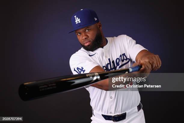 Manuel Margot of the Los Angeles Dodgers poses for a portrait during photo day at Camelback Ranch on February 21, 2024 in Glendale, Arizona.