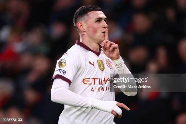 Phil Foden of Manchester City celebrates scoring the first goal during the Premier League match between AFC Bournemouth and Manchester City at...