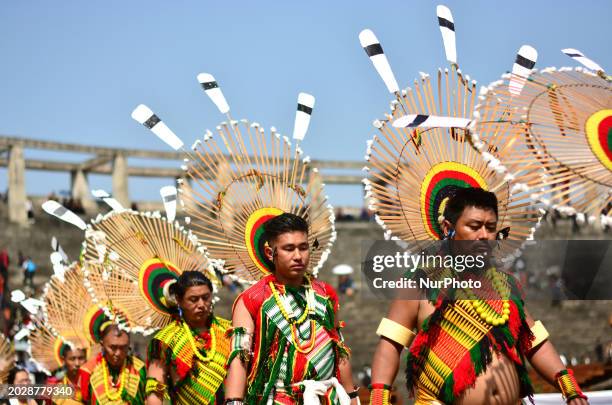 An Angami cultural troupe is lining up to perform during the Sekrenyi festival of the Angami Naga at the state Stadium in Dimapur, India, in the...