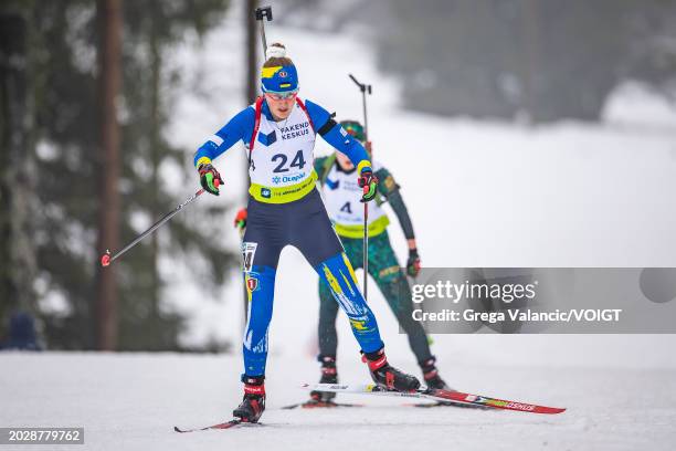 Oleksandra Merkushyna of Ukraine in action during the Youth Female 10 km Individual at the IBU Junior World Championships Biathlon on February 24,...