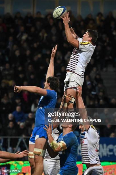 Bordeaux-Begles' French flanker Antoine Miquel grabs the ball in a line out during the French Top14 rugby union match between Castres Olympique and...