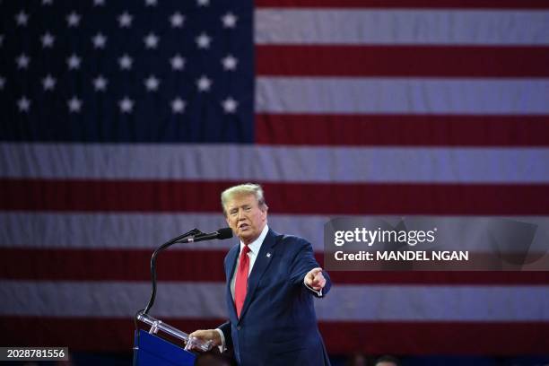 Former US President and 2024 presidential hopeful Donald Trump speaks during the annual Conservative Political Action Conference meeting on February...