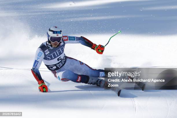 Henrik Kristoffersen of Team Norway in action during the Audi FIS Alpine Ski World Cup Men's Giant Slalom on February 24, 2024 in Palisades Tahoe,...