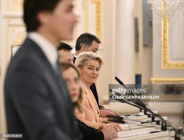 European Commission President Ursula von der Leyen attends a joint press conference with Canada's Prime Minister, Italy's Prime Minister, Ukraine's...
