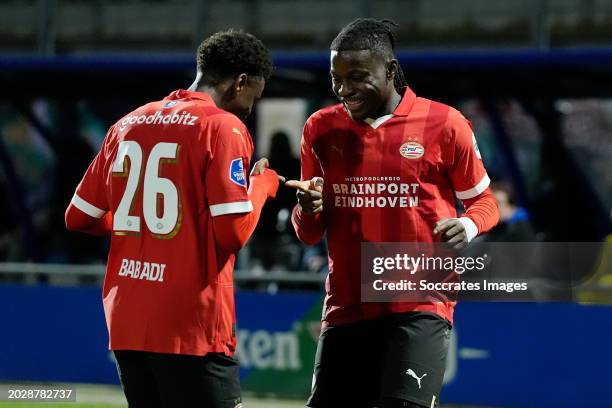 Isaac Babadi of PSV, Johan Bakayoko of PSV celebrate the 0-1 during the Dutch Eredivisie match between PEC Zwolle v PSV at the MAC3PARK Stadium on...