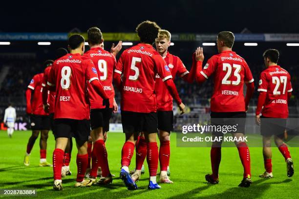 S Belgium forward Johan Bakayoko celebrates the teams first goal during the Dutch Eredivisie football match between PEC Zwolle and PSV Eindhoven at...