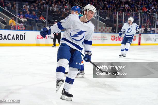 Brayden Point of the Tampa Bay Lightning celebrates after scoring a goal against the New York Islanders during the second period at UBS Arena on...