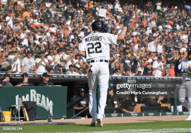 Parker Meadows of the Detroit Tigers walks to the dugout during the game against the Cleveland Guardians at Comerica Park on October 1, 2023 in...